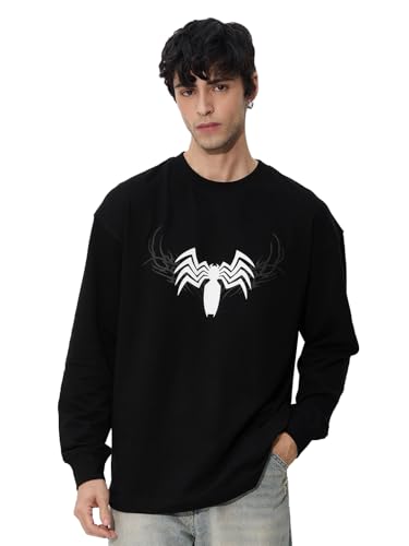 Image of The Souled Store Marvel: Venom Men and Boys Round Neck Black Graphic Printed Cotton Oversized Full Sleeve T-Shirts