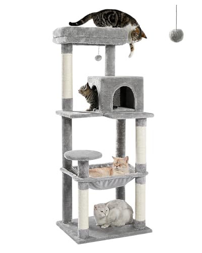 PAWZ Road Cat Tree 143cm Cat Scratching Post Multi-Level Play Tower with a Large Hammock and Top Perch Home Pet Furniture Grey