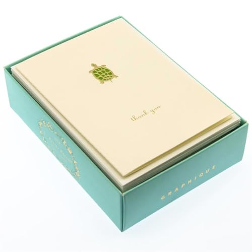 Image of Graphique Turtle La Petite Presse Boxed Thank You Notes - 10 Embossed and Embellished Gold Foil Turtle Thank You Cards with Matching Envelopes, 3.25 inch x 4.75 inch