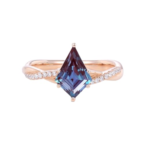 Kite Cut Alexandrite Rings for Women 10K 14K 18K Gold 6×9MM Lab Created Color Change Alexandrite Promise Engagement Wedding Anniversary Ring for Her Size 4-15