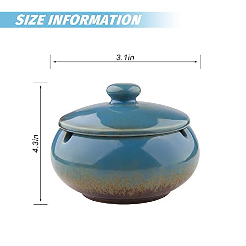 Ashtray, Ceramic Ashtray with Lids, Windproof, Cigarette Ashtray for Indoor or Outdoor Use, Handmade Ceramic Ashtray for Home Office Indoor Decoration, Ash Holder for Smokers (Blue)