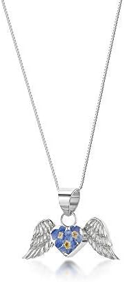 Shrieking Violet 925 Sterling Silver Heart Angel Wings Real Flower Pendant Necklace - Forget-Me-Not (Blue)