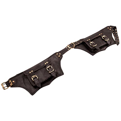 Hell Blues Messenger Belt Genuine Leather Handmade Vintage Waist 2-Pouches Fanny Pack ~ Men Women Utility Belt Gift, Black (Fits Waist 32"- 45") #TOP7