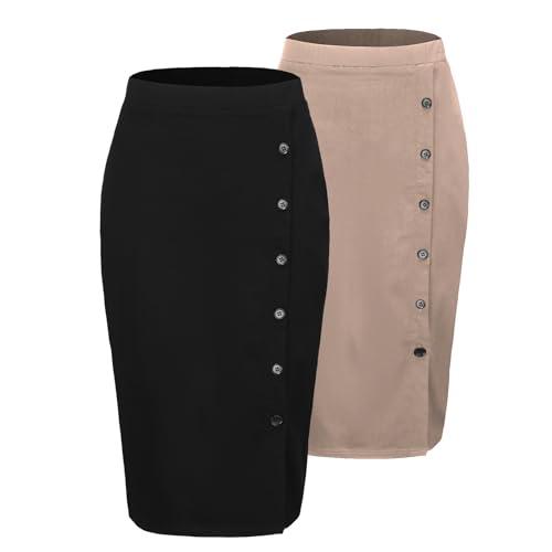Byinns Pencil Skirts for Women Elastic High Waist Button Slit Work Skirts Stretchy Plaid Bodycon Midi Skirt