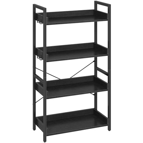 Rolanstar Bookshelf 4 Tier with 4 Hooks, Industrial Wood Bookcase,