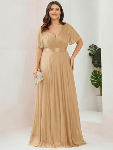 Image of Ever-Pretty Plus Women's Glitter Formal Dress Evening Gown for Gala V-Neck Short Sleeve Floor Length Plus Size Prom Dresses