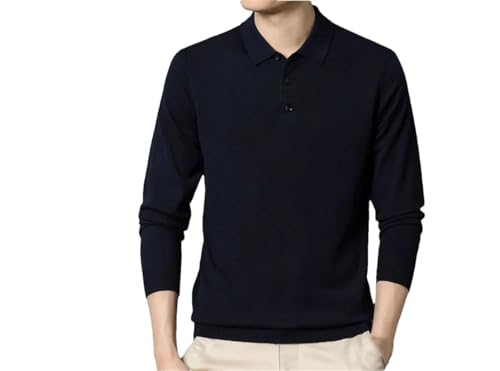 Polo de manga larga para hombre, color liso, con botones de solapa, casual, suéter clásico para el trabajo, azul marino, 3XL