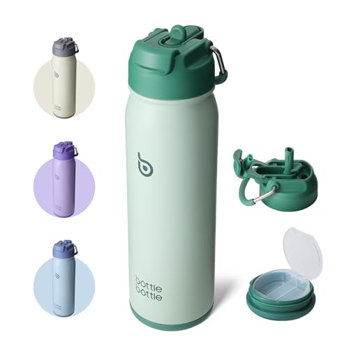 BOTTLE BOTTLE Insulated Water Bottle Stainless Steel 700ml（24oz） Bike Water Bottles with Straw and Adjustable Lid Daily Drink Flask Pill Organizer (green)