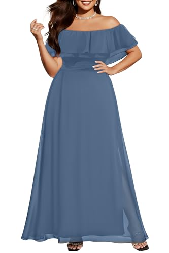 Image of Pinup Fashion Plus Size Formal Bridesmaid Wedding Guest Chiffon Long Dress | Chiffon, off-the-shoulder neckline, layered ruffles, ruched elastic waist, floor-length, evening party, wedding guest
