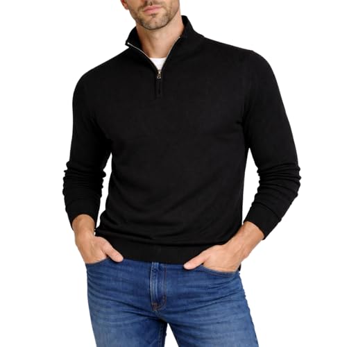Xact Men’s Quarter Zip Jumper Cotton Rich Regular Fit, 1/4 Zip Pullover Sweater, Smart Casual Knitwear, Classic Zip Neck Jumper (Black) L
