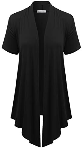 EIMIN Women's Basic Solid Short Sleeve Open Drape Front Jersey Cardigan Black 3XL