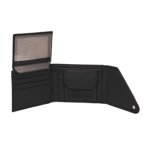 Image of VEMILIO Men's Vegan Leather Wallet for Men | Edge Cut Slim Bi-Fold Gents Purse | Stylish Wallet with Coin Pocket | 3 Card Slots | ID Window & 2 Currency Compartments (Black)