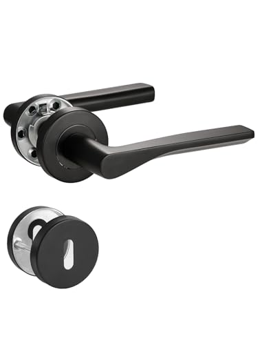 SORWDUERM Poignée de porte noire, garniture de poignée, acier inoxydable brossé mat, ensemble de poignées pour porte d'entrée et intérieure, forme en L, rosace ronde, BB - poignée de lit
