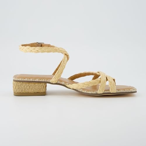 CUSHIONAIRE Wave Raffia Strappy Sandals for Women โ Braided Toe Ring Ankle Wrap Dress Sandal with Low Block Heel & Memory Foam4