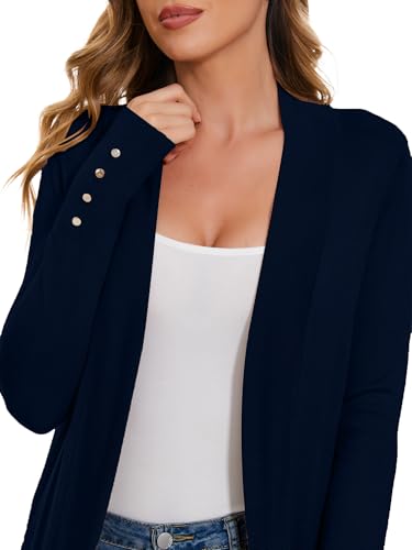 Image of Women Long Knit Cardigan Lightweight Open Front Sweaters | Capsule Wardrobe for Women, Relaxed fit, Buttoned Ribbed cuffs, Dressy Business Casual , for spring early fall office work