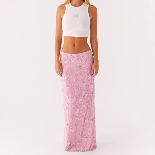 Women Y2K Sequin Long Skirt Low Waist Sparkle Rhinestone Floral Maxi Skirt Night Out Party Glitter Long Skirt2