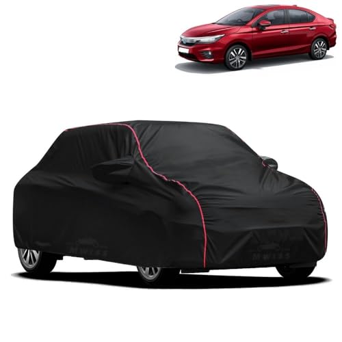Image of Waterproof Car Cover for Honda City Hrybird e HEV | All-Weather Protection, Dustproof & UV Resistant | Triple Stitched Mirror Pockets, Windproof Buckle Strap with Elastic Hem, Black-Red Piping