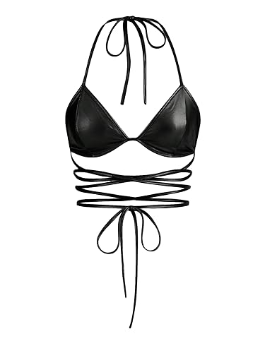 Verdusa Women's Y2K PU Leather Backless Criss Cross Tie Sleeveless Halter Crop Top