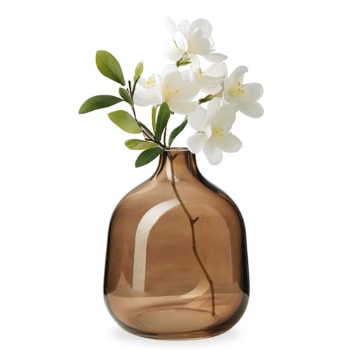 Torre & Tagus Belle mundgeblasene Glasvase für Blumen, 12,7 cm hoch, transparent, hellbraun, bunte Vase, handgefertigte kleine braune Vase für Heimdekoration, braune Knospenvase als dekoratives