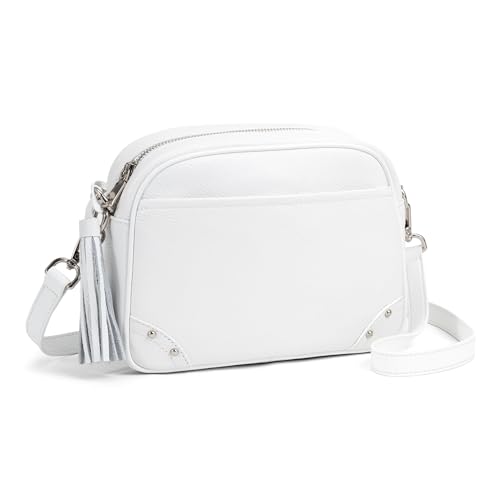 befen Small White Crossbody Purses for Women Genuine Leather Embossed