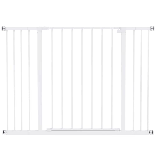 PawHut Türschutzgitter Treppenschutzgitter mit 10/15 cm Verlängerung Türgitter ohne Bohren Treppengitter für Breiten 76-82/86-97/101-107 cm Einhändiges Öffnen Stahl Weiß