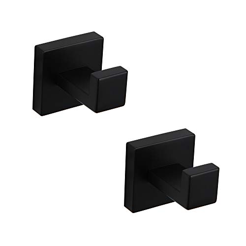 GERZWY Bathroom Matte Black Coat Hook SUS 304 Stainless Steel Single Towel/Robe Clothes Hook for Bath Modern Style Wall Mounted 2 Pack FG1607-2BK