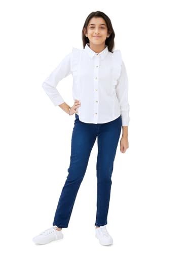 Image of olele Girls Full Sleeve Ruffles Cotton Linen Shirt - White for 4 to 14 Years | Kids Girl White Shirt | White Ruffle Shirt for Girls | Shirt Jeans