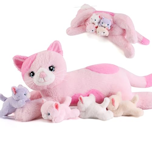 Image of 5 Pieces Cat Stuffed Animals with Babies Inside Belly - 1 Mommy Stuffed Cat with 4 Kittens - Stuffed Kitty Plush Toys for Kid Age 3-8, Gift Ideal for Christmas, Valentine's, Birthday (Pink)