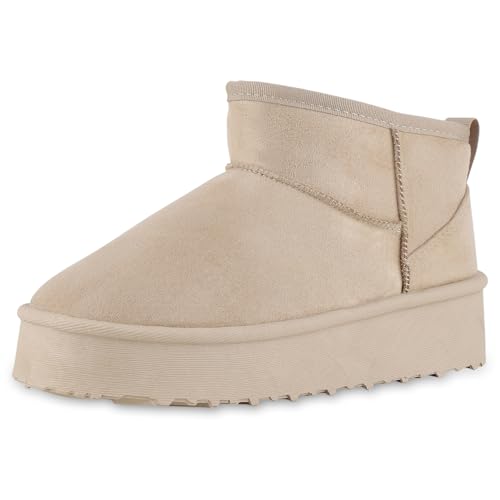 VAN HILL Damen Winter Boots Plateau Profilsohle Bequem Schuhe 213908 Beige 39