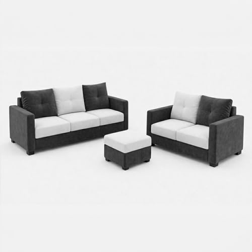 Image of FURNY Amonster 3 Seater + 2 Seater Fabric Sofa Set with 1 Ottoman (Dark Gray - Light Gray) with Velvet Finish | Durable Comfort | Ideal for Living Room