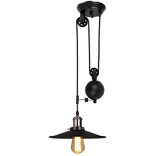 iDEGU 3 Lampes Lustre Industrielle Suspension Luminaire Vintage Plafonnier avec Poulie en Métal Lampe de Plafond Barre, Ø 22cm, Noir (Système de poulie - 1...