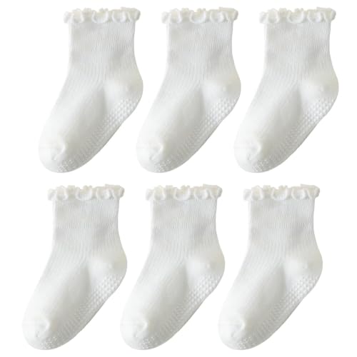 YANWANG 6 Paires de Chaussettes antidérapantes à volants pour Bébé Filles Crew Coton respirantes pour nouveau-nés et petites filles 0-5 ans(M:1-3 ans,white)