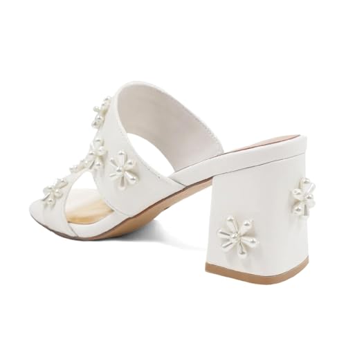 XYD Women Pearl Flower Block Sandals for Bride Wedding Open Toe Mid Heel Mules Double Strap Dress Shoes3