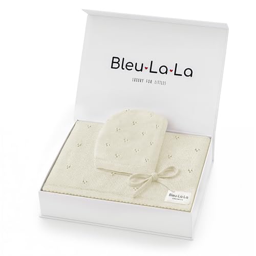 Image of Bleu La La Organic Baby Blanket + Hat Gift Set - 100% Soft Luxury Cotton Unisex Receiving Swaddle Blanket + Bonnett Registry for Newborns & Infants (Butter Cream + Hat)