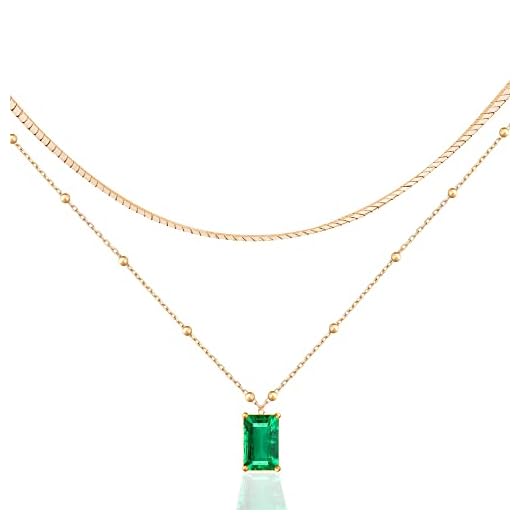 B.PHNE 14K Gold Plated Layering Necklaces, Emerald Rectangle Pendant Necklaces Dark Green Necklace for Women, Layered Choker Necklace for Teen Girls Christmas Jewelry Gifts