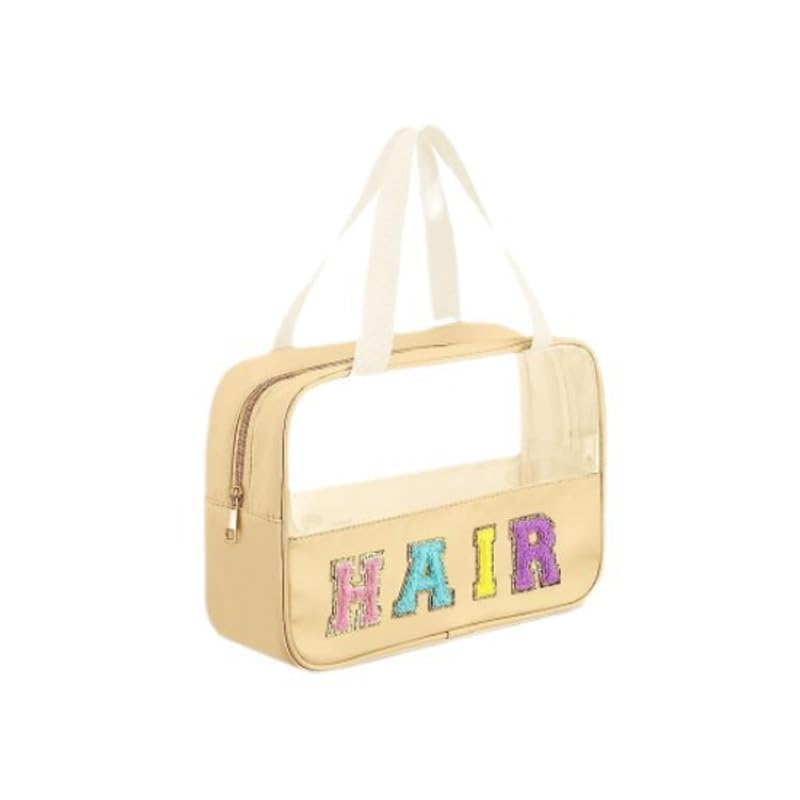 Chenille Letter Clear Zipper Flat Pouch, Transparent Waterproof Stuff Cosmetic Bags,Cosmetic Toiletry Storage Bag with Zipper Toiletry Bag with Preppy Patch for Women,Travel,Gym,Beach (Beige)