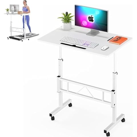 Klvied Small Standing Desk Adjustable Height, Rolling Desk for Sitting and Standing, Mobile Stand Up Desk with Wheels, Portable Laptop Table, Standing Computer Desk for Walking Pad (White) Cover