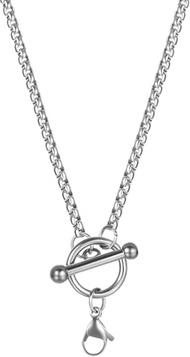 LAMGUL Accessories Toggle Necklace For Men And Women, 925 Sterling Silver Hip Hop Cuban Link Chain T Bar Toggle Clasp Long Chain Pendant Charm Choker Necklace, Lock And Key Necklace