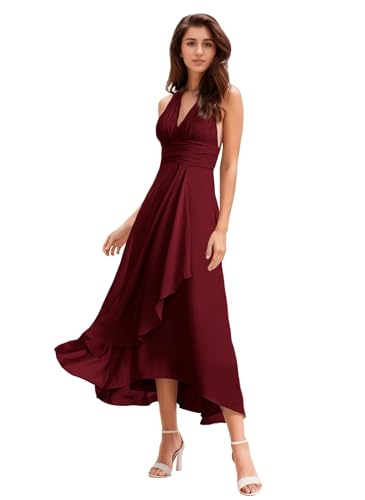 Women's Halter V-Neck Bridesmaid Dresses with Ruffled Edge A Line Ruched Chiffon Formal Evening Gowns Sleeveless