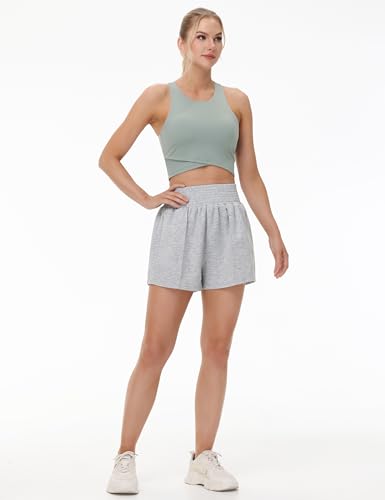 THE GYM PEOPLE Women's High Waist Sweat Shorts Summer Athletic Lounge Short with Zipper Pockets Light Heather Grey — view 3