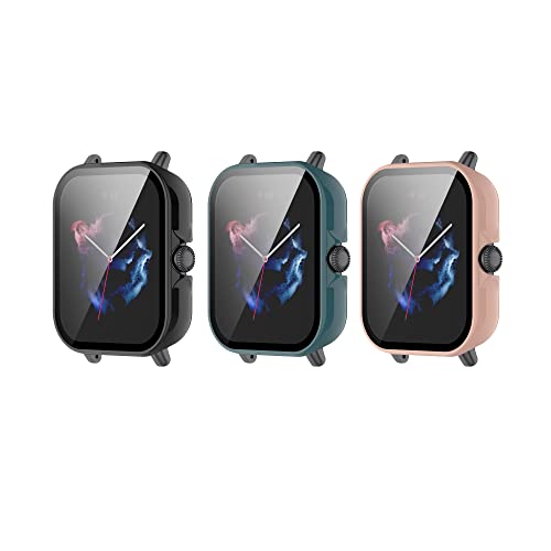 Chofit 3 Pack Hard PC Case with Tempered Glass Screen Protector Compatible with Amazfit GTS 3, Full Cover Bumper Compatible with Amazfit GTS 3 Accessories (Black&Green&Pink)
