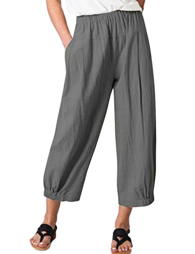Image of Bozanly Womens Summer Capri Pants Elastic Waist Cotton Linen Yoga Cropped Pants Trousers(0520-Gray1-XXL), XX-Large