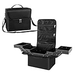 Makeup Box Large Beauty Manicure Storage Box Travel Vanity Case Train Cosmetic Box with Nylon Fabric Shoulder Strap Black 29x21x27cm