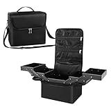 Makeup Box Large Beauty Manicure Storage Box Travel Vanity Case Train Cosmetic Box with Nylon Fabric Shoulder Strap Black 29x21x27cm