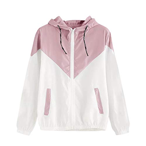 Image of Petalum Women’s Hooded Color Block Drawstring Sports Windbreaker Jacket Lightweight Zip up Active Hoodie Coat Outdoor Pink
