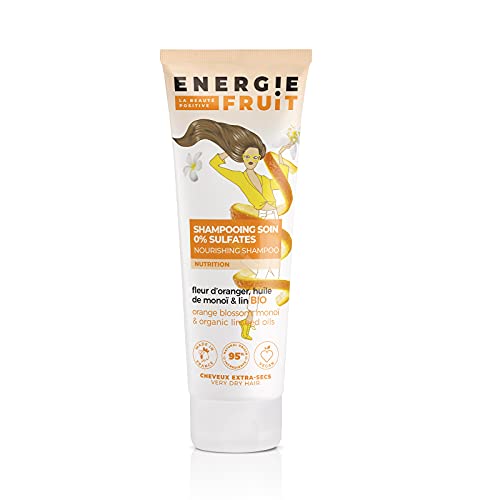 Energie Fruit Shampoing sans Sulfates pour Cheveux Très Secs Abimés Monoï Oranger Huile de Lin Bio, 250 ml, 1 Unité