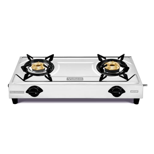 Image of Vidiem Victor Stainless Steel Gas Stove 2 Burner| Brass Burners | Mirror Finish | Large Cooking Space | Anti-Rust | High Efficiency | ISI Certified | 5 Year Warranty