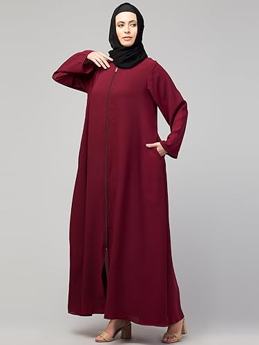 Image of Mallika Women Modest Wear Nida Matt Front Open Zipper Abaya Burkha for Everyday use (Maroon, XL)