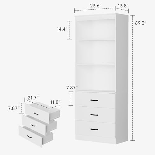 OneBlis 70" H Bookshelf with Drawers, Tall Bookcase with 3-Tier Open Shelves, Bookshelf and Bookcase with Storage Cabinet for Home Office,Living Room(White, 6-Tier) by OneBlis - Image 5