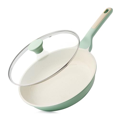 Image of SENSARTE Nonstick Ceramic Frying Pan with Lid 9.5 Inch Omelet Pan Skillet, Free of Intentionally Added PFAS /PTFE Non-toxic Chef's Pan Induction Compatible Pan, Heat Resistant Handle, Mint Green